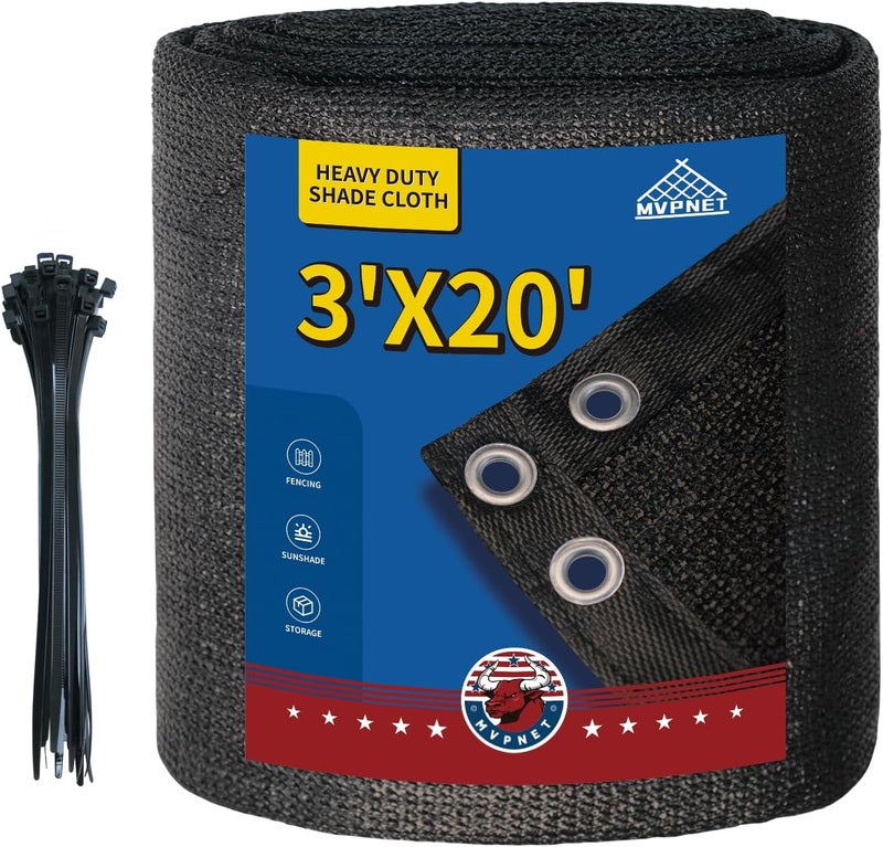 MVPNET 3x20Ft Garden Privacy Fence Screen, 145GSM Heavy Duty 90% Blockage Windbreak Mesh Tarp with Reinforced Edges & Anti-Rust Grommets, Includes Zip Ties for Garden, Yard, Backyard, Outdoor, Black - Image 1